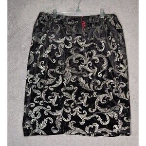 NWT Midnight Velvet Pencil Skirt Women's L Black Silver Melody Print Party